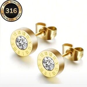 Gold Stainless Steel Roman Numeral Stud Earrings